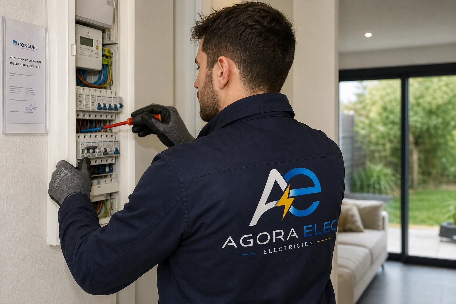 Enzo Arneodo pose une attestation de conformité Consuel sur un tableau